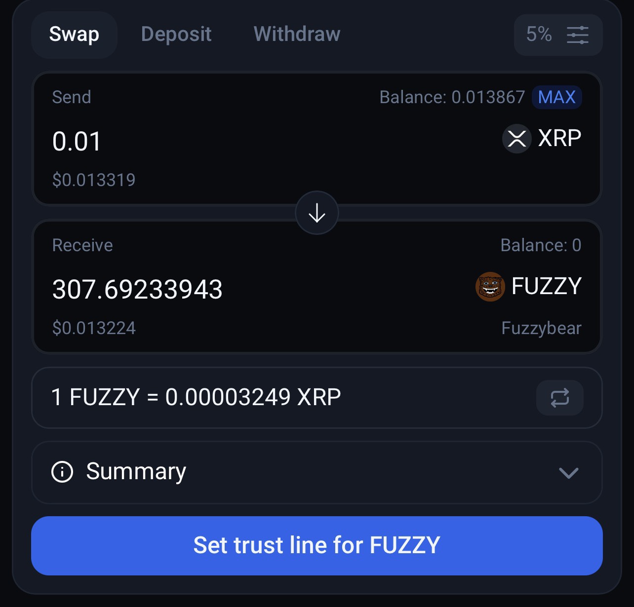 Magnetic X Swap画面・FUZZY購入例（0.01 XRP→307枚）